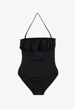 Schwarzer Badeanzug mit gerafftem oberen Rand, Halterträgern, glatter Textur und taillierter Silhouette. Klassisches Design mit minimaler Detailgestaltung.