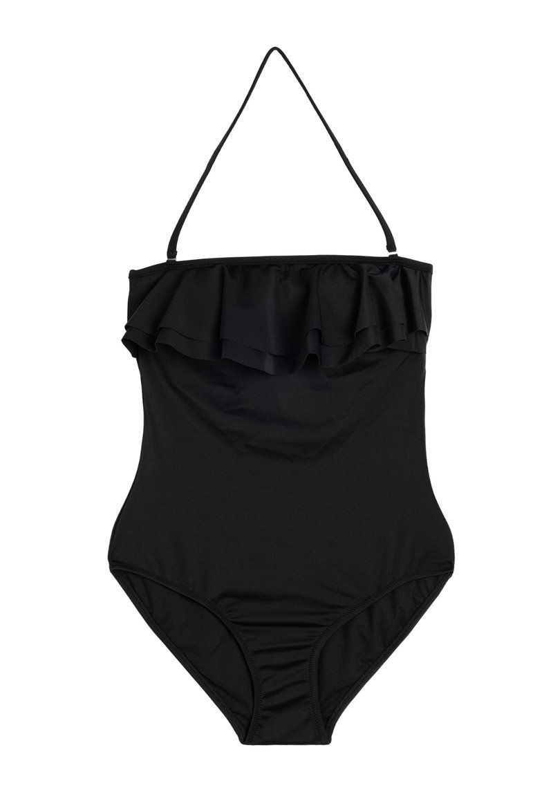 Maillot de bain noir une pièce avec un bord supérieur à volants, des bretelles halter, une texture lisse et une silhouette ajustée. Design classique avec un minimum de détails.