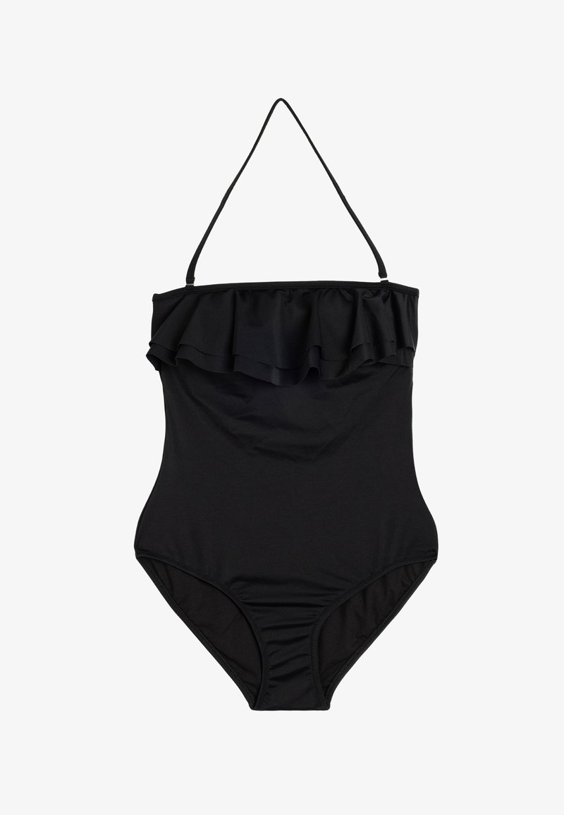 Maillot de bain noir une pièce avec un bord supérieur à volants, des bretelles halter, une texture lisse et une silhouette ajustée. Design classique avec un minimum de détails.