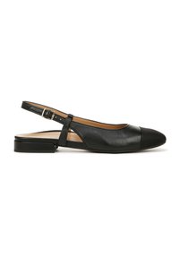 Black leather slingback shoe with a rounded toe, flat heel, and adjustable strap; features a textured cap toe and smooth finish.