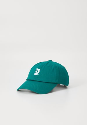 Teal cotton baseball cap with a curved brim, featuring white embroidered text on the front and a button at the top.