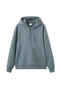 Jasnoniebieska bluza z miękkiego materiału, posiadająca kieszeń typu kangur, regulowany kaptur z troczkami oraz ściągacze na rękawach i dole bluzy.