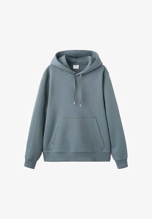 Lichtblauwe hoodie van zachte stof, voorzien van een kangaroezak, verstelbare capuchon met trekkoord en geribbelde boorden aan mouwen en zoom.