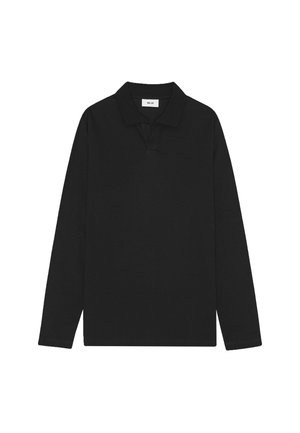 Polo noir à manches longues avec un col classique et une patte de boutonnage à trois boutons, présenté à plat sur un fond blanc.