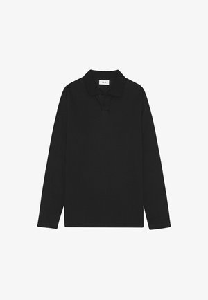 Long-sleeve black polo shirt featuring a classic collar and a placket with three buttons, displayed flat against a white background.