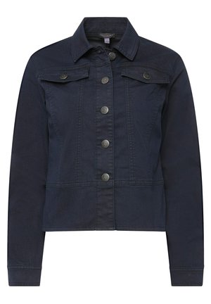 Dunkelblaue Jeansjacke mit Kragen, vorderen Knöpfen und zwei Brusttaschen. Der Stoff hat eine glatte Textur mit sichtbaren Nähdetails.