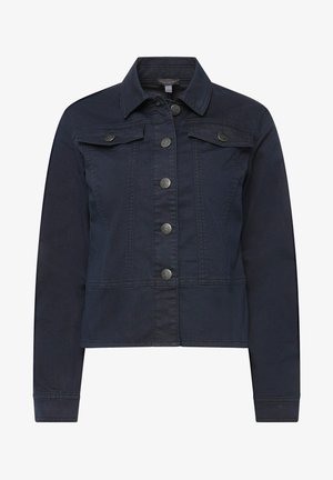 Dunkelblaue Jeansjacke mit Kragen, vorderen Knöpfen und zwei Brusttaschen. Der Stoff hat eine glatte Textur mit sichtbaren Nähdetails.