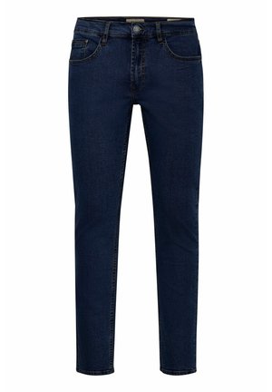 Jean en denim bleu foncé avec une coupe droite, un design à cinq poches et une taille cousue avec un bouton métallique et une fermeture éclair.