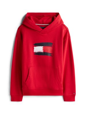 Rode hoodie met een voorzak, voorzien van een grafisch ontwerp van horizontale penseelstreken in zwart, wit en rood. Soepele textuur, katoenmix.