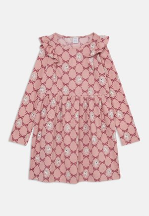 Rosa langärmliges Kleid mit einem Rüschenausschnitt und einem wiederholten Einhornmuster innerhalb eines Rautenmusterdesigns. Aus weichem Stoff gefertigt.