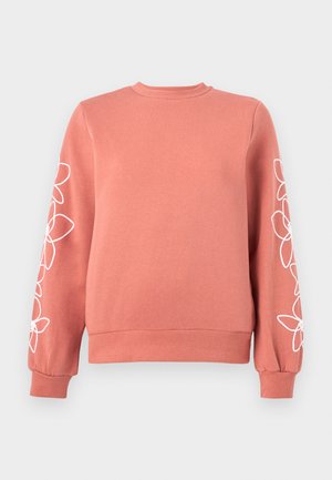 Korallysfarvet sweatshirt med hvide blomstermønstre i linje, der løber ned ad begge ærmer, ribstrikkede manchetter, krave og kant.