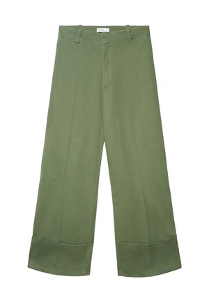 Pantalon à jambes larges en coton vert olive, doté d'une taille avant plate, de poches, et d'un ourlet net sans fermetures ni ornements apparents.