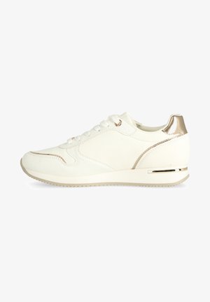 Witte sneakers met een gestructureerde bovenkant, metallic accenten en een gladde hiel. Beschikt over een lichte rubberen zool en een traditionele vetersluiting.