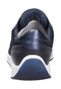 Navy athletic shoes with a textured leather upper, featuring a soft interior lining and a textured rubber outsole. Simple, modern design.