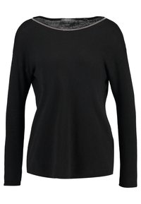 Maglietta nera a maniche lunghe con scollatura ampia e bordo in contrasto testurizzato. Tessuto morbido e vestibilità rilassata, adatta per un look casual.