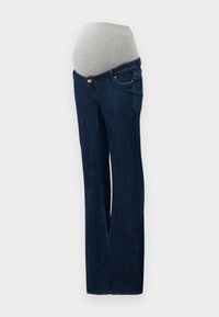 Jeans de maternitate din denim albastru închis, cu un panou elastic gri pentru burtă, design drept pe picioare și buzunare frontale cu accente metalice.