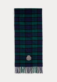 Tume rohelise ja mereväe sinise värvi tartani sall, millel on narmastega äär ja keskel hõbedane embleem. Pehme tekstuur, kootud kangas.