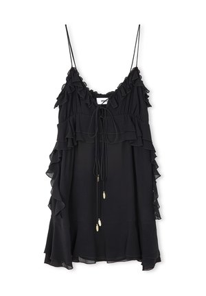 Czarny top bez rękawów z falbankami, z wiązaniem z przodu i rozszerzanym dołem. Wykonany z lekkiego materiału, o miękkiej fakturze.