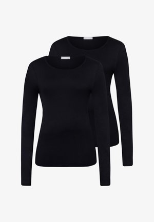 Deux t-shirts noirs ajustés à manches longues et col rond, présentés en superposition sur un fond blanc.
