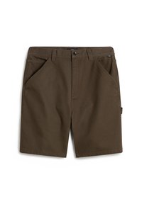 Braune Shorts aus robustem Stoff mit zwei Vordertaschen, einem Knopfverschluss und einem seitlichen Taschenakzent. Gerade geschnitten mit flacher Vorderseite.