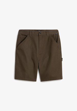Brown shorts made of sturdy fabric with two front pockets, a button closure, and a side pocket accent. Straight cut with a flat front.