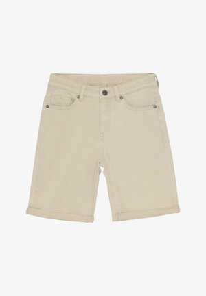 Beige Jeans-Shorts mit geradem Schnitt, umgeschlagenem Saum, Metallknopf und zwei vorderen Taschen. Texturiertes Material mit subtilen Nähten.