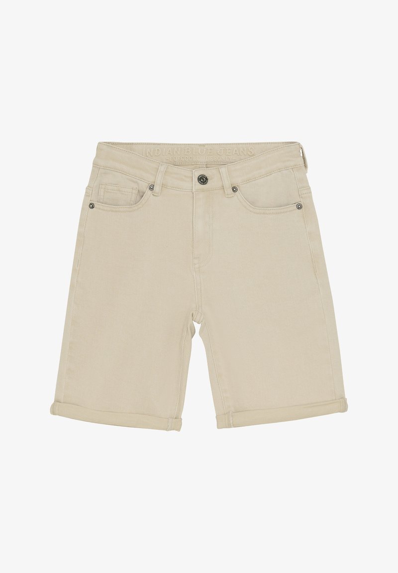 Beige Jeans-Shorts mit geradem Schnitt, umgeschlagenem Saum, Metallknopf und zwei vorderen Taschen. Texturiertes Material mit subtilen Nähten.
