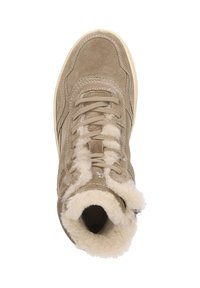 Tan suede high-top sneaker with synthetic fur lining, round toe, flat laces, and cream rubber sole. Features stitching accents on the sides.