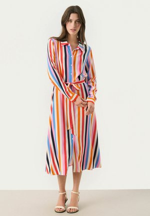 Long button-up dress with multicolored vertical stripes in pink, blue, orange, and black. Features a collar and a waist tie, made of smooth fabric.