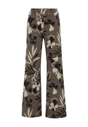 Pantaloni a gamba larga in tessuto testurizzato, con un motivo floreale in tonalità di nero e beige su uno sfondo taupe.