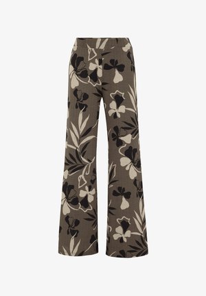 Wide-leg trousers in textured fabric, featuring a floral pattern in shades of black and beige on a taupe background.