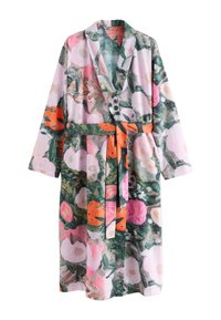 Bloemenbadjas in roze, groen en oranje. Voorzien van een kraag, knopen, lange mouwen en een gebonden tailleceintuur. Gemaakt van lichtgewicht stof.