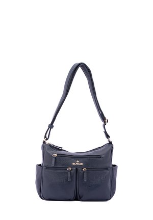 Borsa a tracolla in pelle texture blu navy, con due tasche frontali con zip, hardware dorato e una singola tracolla regolabile.