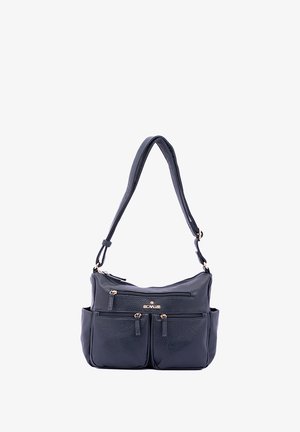 Borsa a tracolla in pelle texture blu navy, con due tasche frontali con zip, hardware dorato e una singola tracolla regolabile.