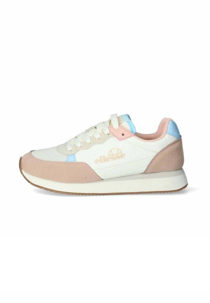 Sneakers con una toma in tela bianca, accenti in suede rosa, linguetta del tallone azzurro chiaro e suola intermedia beige con suola in gomma testurizzata.