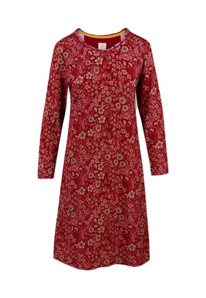 Red dress featuring long sleeves, rounded neckline, and a floral pattern in shades of cream and brown. Soft fabric with a relaxed fit.