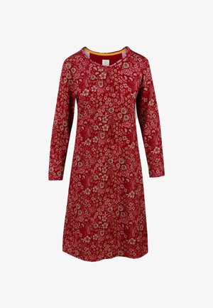 Red dress featuring long sleeves, rounded neckline, and a floral pattern in shades of cream and brown. Soft fabric with a relaxed fit.