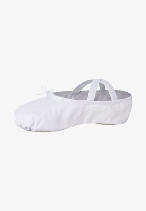 Weiße Ballettschuhe aus weichem Stoff mit einer runden Zehe, elastischen Riemen und einem leicht gerafften Obermaterial für einen sicheren Sitz.