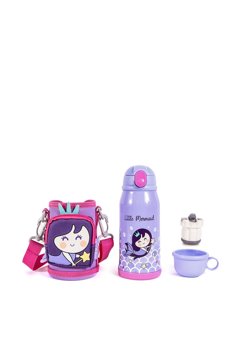 Child’s purple and pink thermos bottle with "Little Mermaid" design, matching carrying case, cup, and detachable strainer on white background.