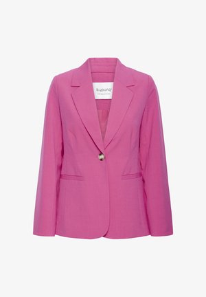 Dames tailored roze blazer met ingesneden revers, enkele knoopsluiting en paspelzakken, afgebeeld op een witte achtergrond.