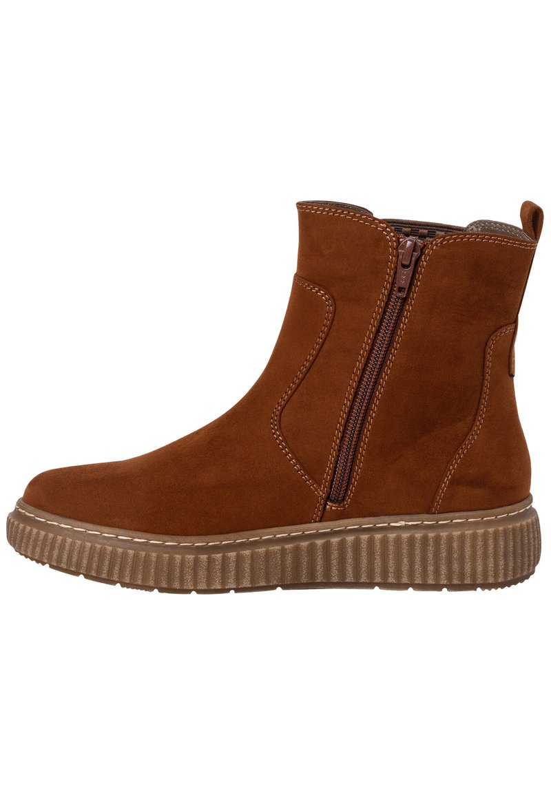 Brown suede ankle boot with a side zipper, contrasting stitching, and a textured rubber sole. Features a rounded toe and mid-height design.