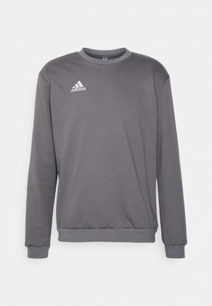 Grå sweatshirt med rund hals, lange ærmer, ribbede manchetter og et hvidt "Adidas" logo på venstre bryst. Blød stoftekstur.