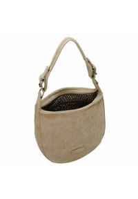 Bolso de hombro de tela beige con un exterior texturizado, apertura superior y un interior oscuro con un patrón de manchas. Correa ajustable y bolsillo con cremallera.