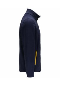 Giacca in pile blu navy con colletto alto, tasca con zip e dettagli gialli, texture liscia e design aderente.