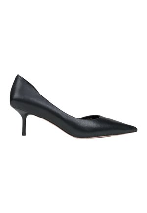 Czarna skórzana szpilka z wąskim noskiem, elegancka konstrukcja i wąska 5 cm obcasa. Gładka tekstura z minimalnymi detalami.