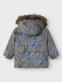 Grå jacka med en huva fodrad med päls, prydd med färgglada dinosaurieillustrationer. Designen inkluderar olika dinosaurier i nyanser av blått, grönt och orange.