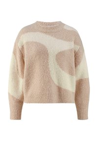 Roze en crèmekleurige gebreide trui van pluizig garen met een ronde hals en lange mouwen, voorzien van abstracte vormen en een gestructureerde afwerking.