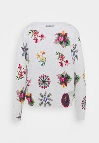 Sweatshirt gris clair à manches longues avec des motifs floraux et botaniques colorés dispersés sur le dos et les manches.
