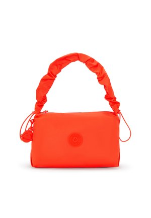 Neon orange handbag with a soft, padded design, gathered handle, zip closure, and a round logo patch on the front. Small accent tag attached.