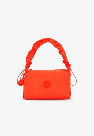 Borsa a mano neon arancione con un design morbido e imbottito, manico arricciato, chiusura con zip e una patch rotonda con logo sul davanti. Etichetta decorativa piccola attaccata.